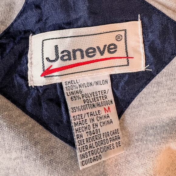 1990s Vintage Janeve Bomber Jacket Navy/White Geometric Pattern-Womens Medium - Picture 9 of 10